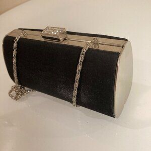 Black Satin Glitter Box Clutch Purse , Silver Diamante Crystal Clasp